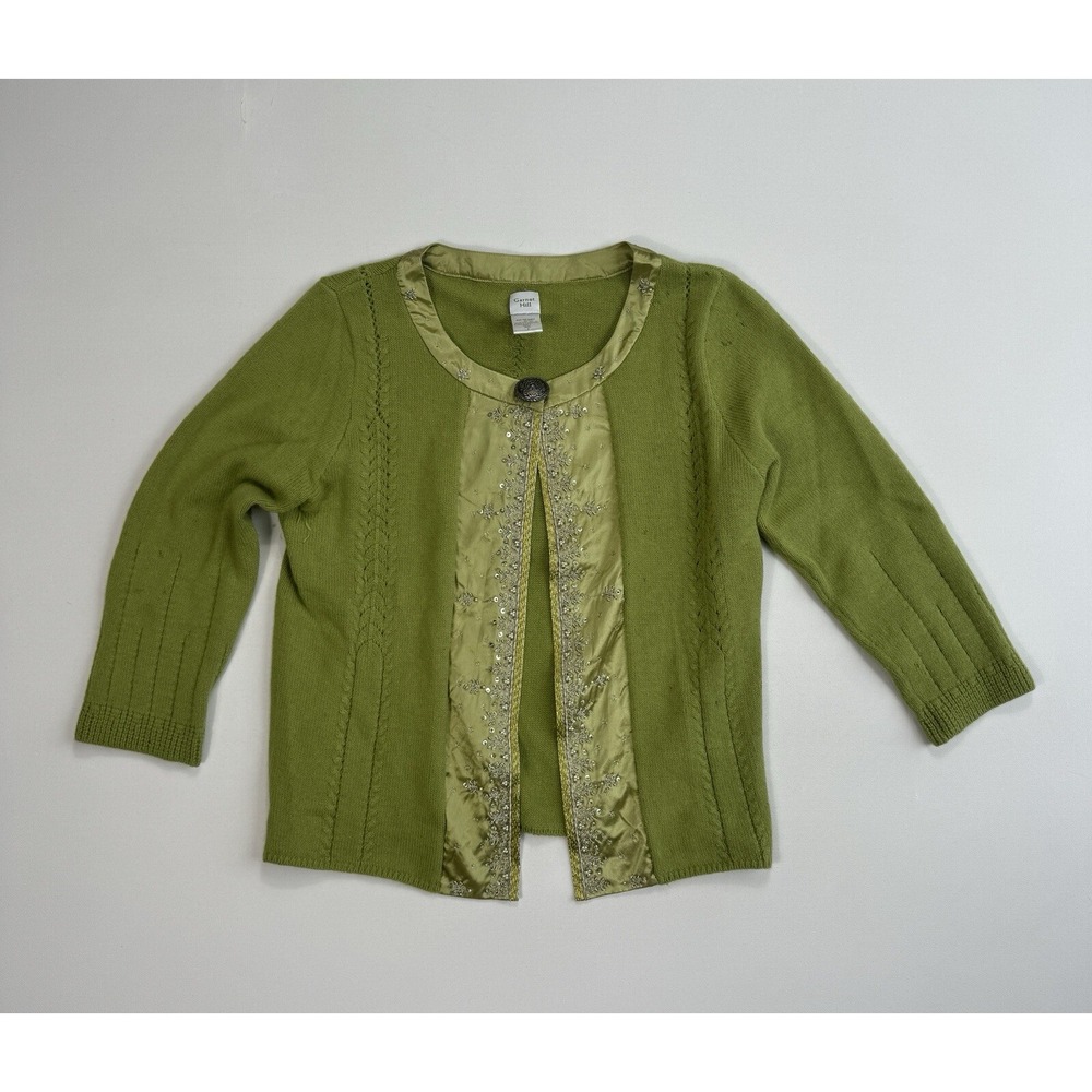 Garnet Hill Green Angora Silk Trim Cardigan Sweater Small One Button Beaded Knit